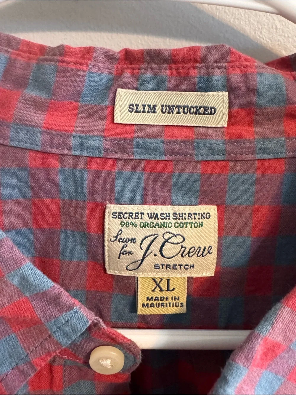 J.Crew Secret Wash Slim Untucked Shirt XL Organic Cotton Red Blue Gingham
